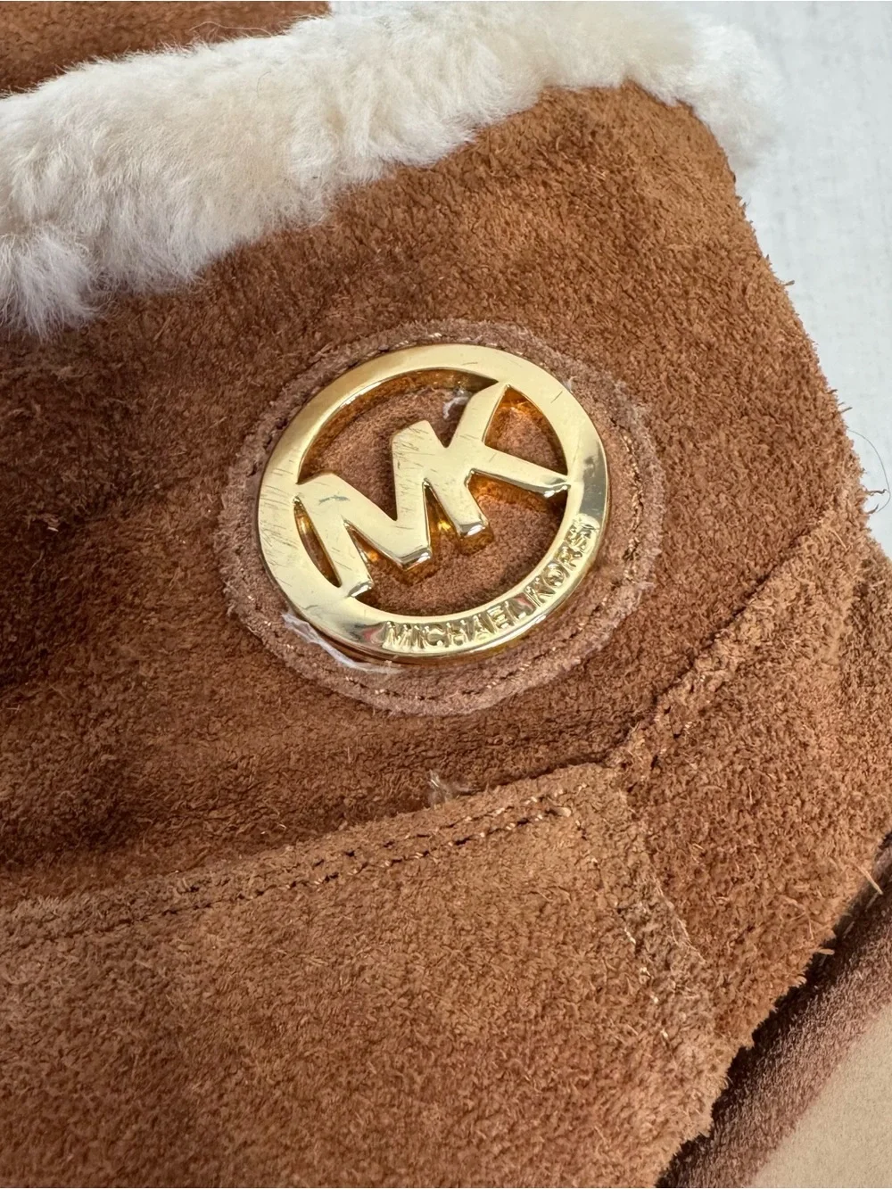 Michael Kors Chestnut Suede-Look Bootie with Cream Shearling and Gold Logo 9M